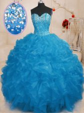 Modest Blue Sleeveless Floor Length Beading and Ruffles Lace Up Vestidos de Quinceanera