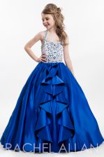 Stylish Navy Blue Halter Top Zipper Beading and Ruffles Little Girls Pageant Gowns Sleeveless