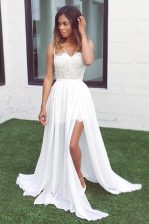 Ideal Sweep Train A-line Prom Party Dress White V-neck Chiffon Sleeveless Zipper