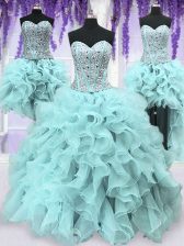  Four Piece Light Blue Sleeveless Floor Length Ruffles and Sequins Lace Up Vestidos de Quinceanera