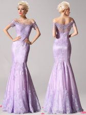 Most Popular Mermaid Lavender Prom Dresses Prom with Beading and Lace Off The Shoulder Short Sleeves Zipper