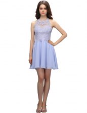  Mini Length Lavender Prom Gown Chiffon Sleeveless Beading and Appliques