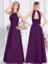  Halter Top Purple Empire Ruching Quinceanera Court Dresses Zipper Chiffon Sleeveless Floor Length