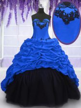 Sophisticated Royal Blue Ball Gowns Taffeta Sweetheart Sleeveless Appliques and Pick Ups With Train Lace Up Quinceanera Dress Sweep Train