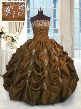 Classical Sleeveless Floor Length Beading and Pick Ups Lace Up Sweet 16 Dress with Brown