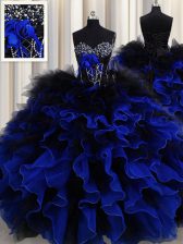  Blue And Black Organza and Tulle Lace Up Sweetheart Sleeveless Floor Length Quinceanera Gown Beading and Ruffles