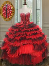 Suitable Sweetheart Sleeveless Lace Up Ball Gown Prom Dress Red And Black Organza