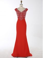 Custom Made Mermaid Red Sleeveless Brush Train Beading With Train Prom Dresses