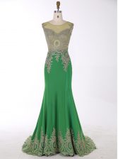 Stylish Mermaid Green Zipper Scoop Beading and Appliques Evening Dress Chiffon Sleeveless Brush Train