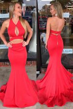  Mermaid Red Homecoming Dress V-neck Sleeveless Sweep Train Backless