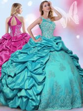 Comfortable Halter Top Sleeveless Floor Length Beading and Lace and Appliques and Pick Ups Lace Up Quinceanera Gown with Teal