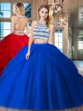  Scoop Backless Floor Length Royal Blue 15th Birthday Dress Tulle Sleeveless Beading and Pick Ups
