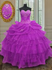 Wonderful Halter Top Purple Lace Up Quinceanera Gowns Beading and Ruffled Layers and Pick Ups Sleeveless Floor Length