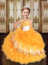 Customized Gold Spaghetti Straps Lace Up Ruffles Little Girls Pageant Gowns Sleeveless