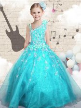 Amazing Asymmetric Sleeveless Tulle Girls Pageant Dresses Appliques Lace Up