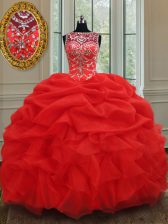 Attractive See Through Red Sleeveless Floor Length Beading and Ruffles Lace Up Quinceanera Gowns