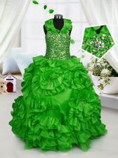  Halter Top Taffeta Zipper Little Girl Pageant Dress Sleeveless Floor Length Beading and Ruffles