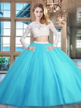 Scoop Long Sleeves 15th Birthday Dress Floor Length Beading and Lace Baby Blue Tulle