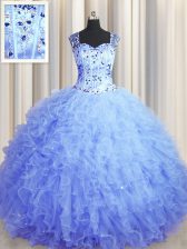  See Through Zipper Up Sleeveless Zipper Floor Length Beading and Ruffles Quinceanera Gowns