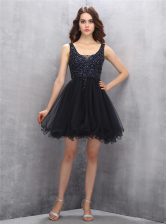 Gorgeous Black A-line Square Sleeveless Tulle Mini Length Zipper Beading 