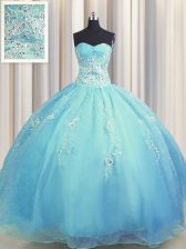 Colorful Zipper Up Sweetheart Sleeveless Quinceanera Dresses Floor Length Beading and Appliques Baby Blue Organza