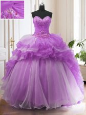  Purple Lace Up Sweetheart Beading and Ruffled Layers Ball Gown Prom Dress Organza Sleeveless Sweep Train