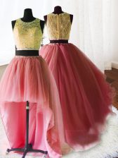  Three Piece Brush Train Ball Gowns Sweet 16 Dress Watermelon Red Scoop Organza and Tulle and Lace Sleeveless With Train Zipper