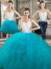 On Sale Three Piece Floor Length White Quince Ball Gowns Sweetheart Sleeveless Lace Up