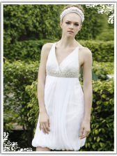 Elegant V-neck Sleeveless Prom Gown Knee Length Ruching White Chiffon