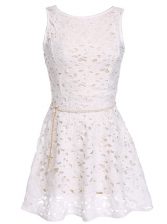  Scoop White A-line Lace and Belt Zipper Lace Sleeveless Mini Length