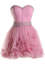  Pink Organza Zipper Prom Party Dress Sleeveless Knee Length Beading