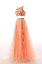 Dazzling Scoop Sleeveless Sweep Train Beading and Belt Side Zipper Prom Dress