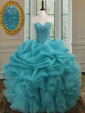  Floor Length Aqua Blue Vestidos de Quinceanera Organza Sleeveless Beading and Ruffles