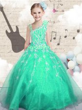  Asymmetric Sleeveless Little Girls Pageant Gowns Floor Length Appliques Apple Green Tulle