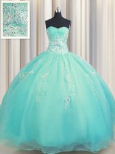 Custom Designed Zipper Up Aqua Blue Sleeveless Beading and Appliques Floor Length Quinceanera Dresses