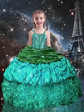 Best Floor Length Green Little Girls Pageant Dress Spaghetti Straps Sleeveless Lace Up