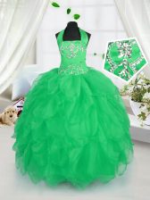  Halter Top Appliques and Ruffles Kids Formal Wear Apple Green Lace Up Sleeveless Floor Length