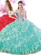 Cute Organza and Taffeta Sweetheart Sleeveless Lace Up Beading and Ruffled Layers and Pick Ups 15 Quinceanera Dress in Turquoise