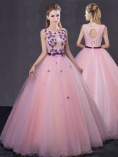 Traditional Scoop Sleeveless Floor Length Appliques Lace Up Quinceanera Gown with Baby Pink