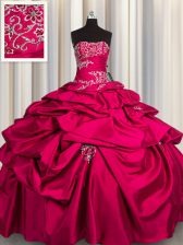 Hot Pink Ball Gowns Appliques and Pick Ups Quince Ball Gowns Lace Up Taffeta Sleeveless Floor Length