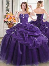  Purple Sleeveless Floor Length Appliques and Pick Ups Lace Up Quinceanera Dress