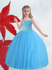  Baby Blue Ball Gowns Straps Sleeveless Taffeta and Tulle Floor Length Lace Up Beading Little Girl Pageant Dress