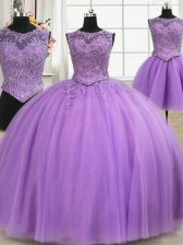 Classical Three Piece Scoop Beading and Appliques Quince Ball Gowns Lilac Lace Up Sleeveless Floor Length