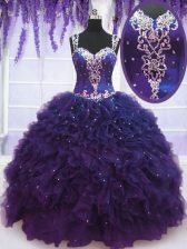 Great Blue Ball Gown Prom Dress Sweet 16 and Quinceanera and Beach with Beading and Ruffles Straps Sleeveless Zipper