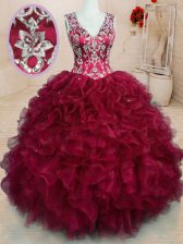 Exceptional Wine Red Ball Gowns Beading and Embroidery and Ruffles Quince Ball Gowns Zipper Organza Sleeveless Floor Length
