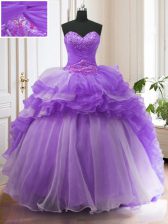 Adorable Lavender Ball Gowns Organza Sweetheart Sleeveless Beading and Ruffled Layers With Train Lace Up Quinceanera Gowns Sweep Train