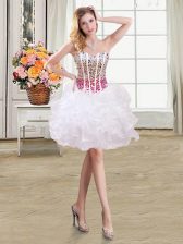  Sleeveless Organza Mini Length Lace Up Prom Gown in White with Beading and Ruffles