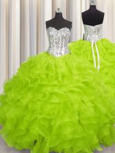  Sleeveless Floor Length Beading and Ruffles Lace Up Quinceanera Dresses with Yellow Green