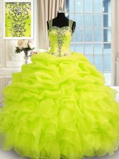 Super Floor Length Yellow Green 15th Birthday Dress Organza Sleeveless Beading and Ruffles