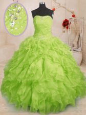 Inexpensive Yellow Green Sleeveless Floor Length Beading and Ruffles and Ruching Lace Up Quinceanera Gown